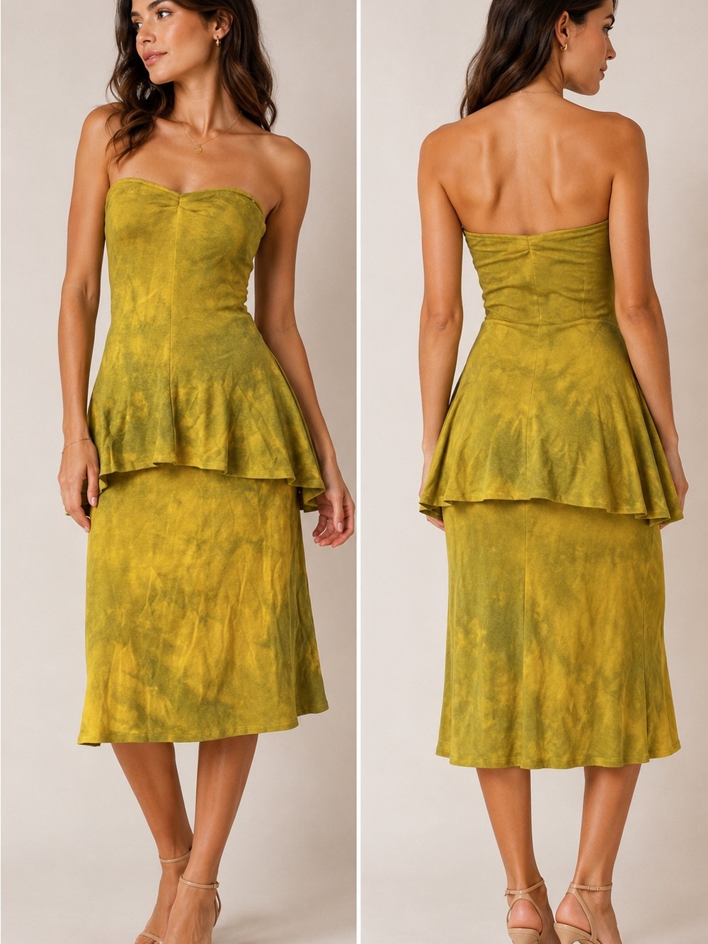 Norma Kamali Strapless Marbled Peplum Chartreuse Yellow Green Midi Dress Med